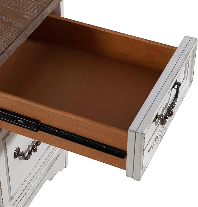 Liberty Furniture Magnolia Manor 4 Piece Opt L Shaped Writing Desk Set Keyboard Tray European Traditional Home Office - Antique White &amp Weathered Bark Oak Wood