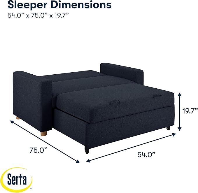 Serta Tulsa 66.1 Convertible Sleeper Loveseat Full Size Dreamcoil Comfort FingerGuard Pinch Point Protection Woven Fabric Navy Blue