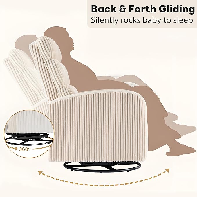 Swivel Rocker Chair 360° Swivel Rocker Chairs with High Back Arms Rocking Lazy Boy Chairs Upholstered Swivels Corduroy Glider for Living Room Bedroom Nursing Beige