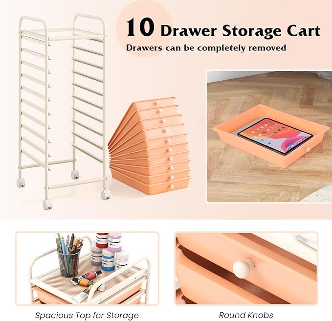 Giantex 10-Drawer Storage Cart w/Universal Wheel Rolling Cart w/Handle Home Organizer Storage Unit w/Removable Drawers Trolley Utility Cart for Kitchen Makeup Living Room Office Play Room