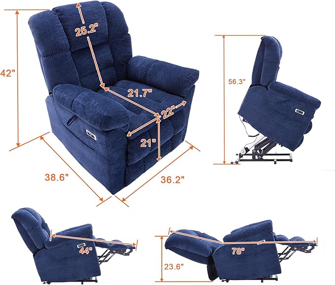 Triple Motor Power Lift Recliner Chair with Massage and Dual Heat for Elderly People Zero Gravity Lay Flat Recliner Infinite Position USB Ports（Navy Blue）