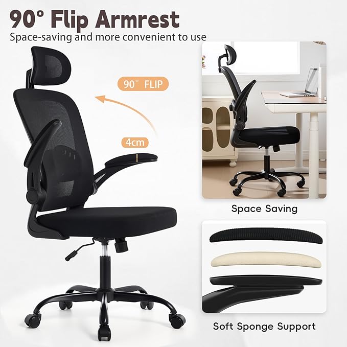 Ergonomic Office Chair with 3D Adjustable Lumbar Support Mesh High Back 75° Rotating Headrest Rocking Function 300lbs Capacity Black/White (Black)