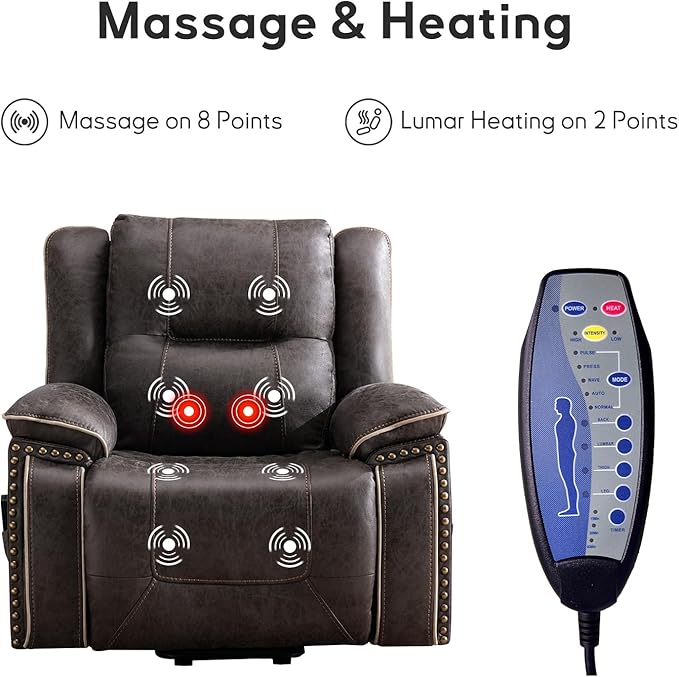 Bonzy Home Power Lift Recliner Chair for Elderly with Massage and Heating Dual Motor Faux Leather Lift Chair with Spacious Seat 2 Cup Holders Adjustable Headrest (Grey Brown)