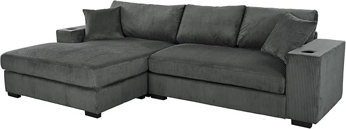 Ball &amp Cast Oversized L-Shaped Sectional Sofa with ChaiseLarge Comfy Upholstered Couch W/Thick CushionBuilt-in Cup Holders &amp Charging PortsWide &amp Thick Armrests &amp Seat Designfor Li
