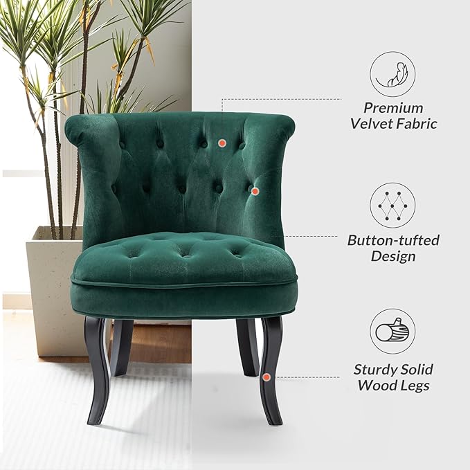 HULALA Home Velvet Accent Chair Modern Upholstered Fabric Armless Wingback Chair with Solid Wood Legs Comfy Tufted Vanity Club Chair for Reading Living Room Bedroom Guest Room Pine Green