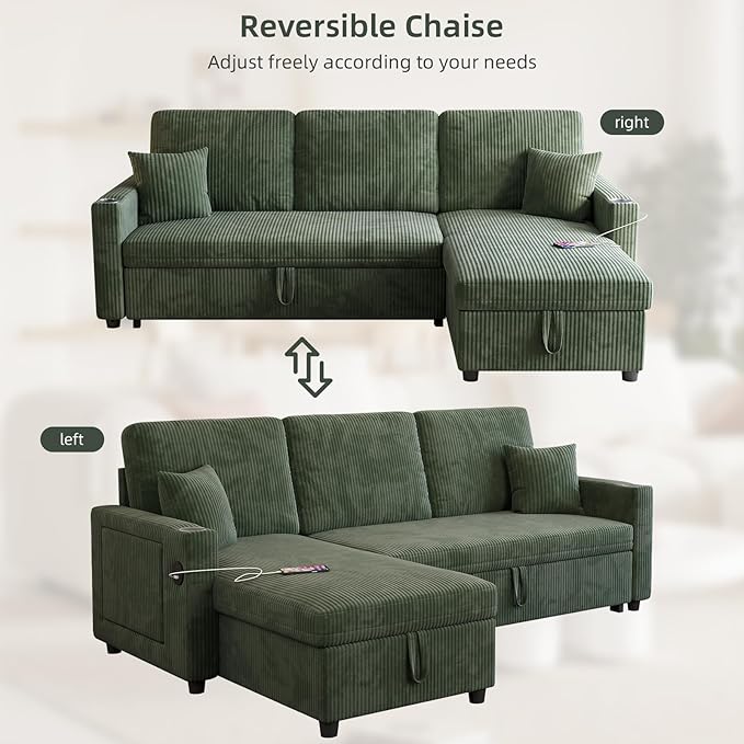 L-Shape Sleeper Sofa with Storage &amp Ports Pull-Out Couch Bed with Cup Holders Side Pockets &amp Side Table for Living Room Apartment Green