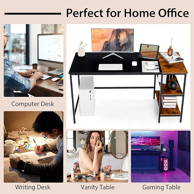 Multifunctional Computer Desk Industrial Study Writing Desk w/Removable Storage Shelf Heavy-Duty Metal Frame 55 Inch Desk for Home Office Gaming Room Bedroom (Black)