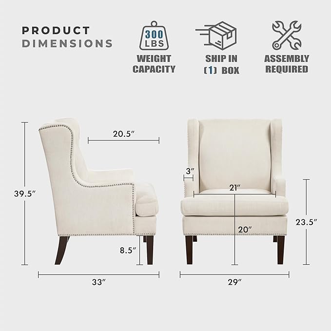 Lexicon Modern Accent Chair Textured Fabric Upholstered Arm Chair High Wingback and Nailhead Trim for Living Room/Bedroom/Office Beige