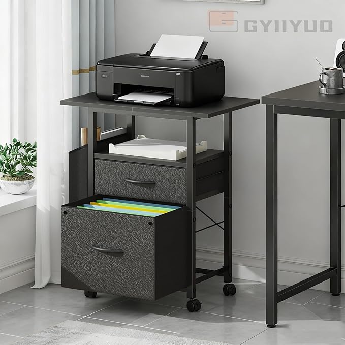GYIIYUO 2 Drawer File Cabinet with 24'' Extended Desktop Mobile Filing Cabinet Rolling File Cabinet with Side Bag Fabric Drawer Fits A4/Letter Size Printer Stand Home Office Black