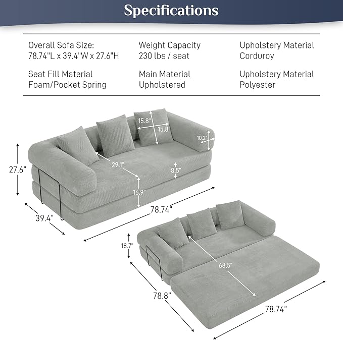 Convertible Sofa Bed Corduroy Memory Foam Compression Sofa Modular Floor Sofa with Pull-Out Bed Compressed Couch in Box Folding Sleeper Couches Bed for Living Room Bedroom Lounge Light Grey