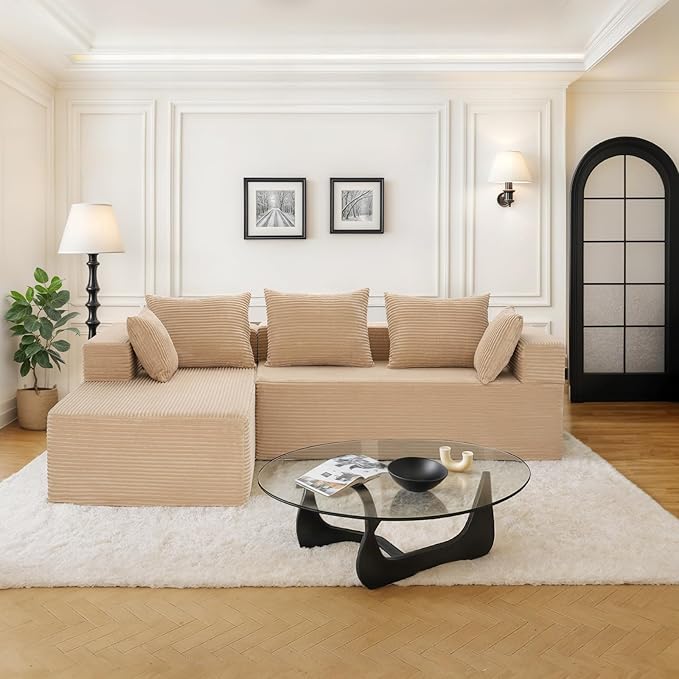 105 Modular Sectional Couches for Living RoomBoneless Couch with L-Shape ChaiseComfy Corduroy Sectional SofaNo Assembly RequiredBeige