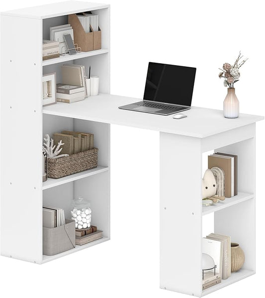 HOMCOM Modern Home Office Desk with 6-Tier Storage Shelves 47 Writing Desk with Bookshelf White