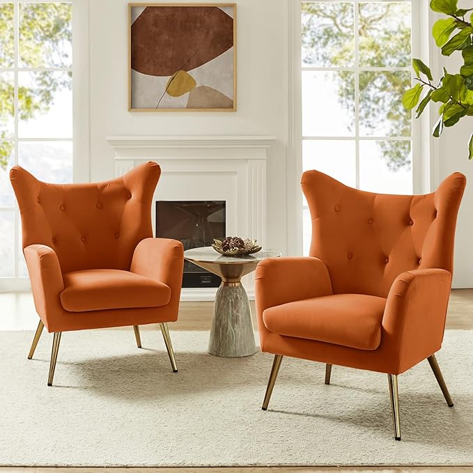 HULALA HOME Velvet Accent Chair Set of 2 Modern Wingback Arm Chair with Metal Gold Legs Velvet Tufted Upholstered(Orange)