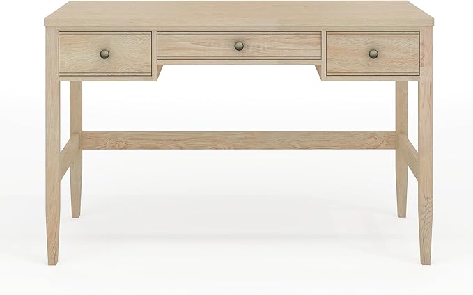 Martha Stewart Rhett Writing Desk with 3 Drawers and Tapered Legs in Light Natural with Antique Bronze Hardware