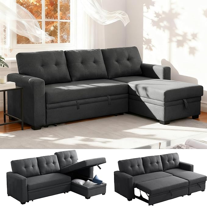 Dreamzie L Shaped Sectional Sleeper Sofa with Storage Chaise 3 Seater Pull Out Couch for Living Room Convertible Sofa Bed Couch for Apartment Office - Dark Grey | Linen