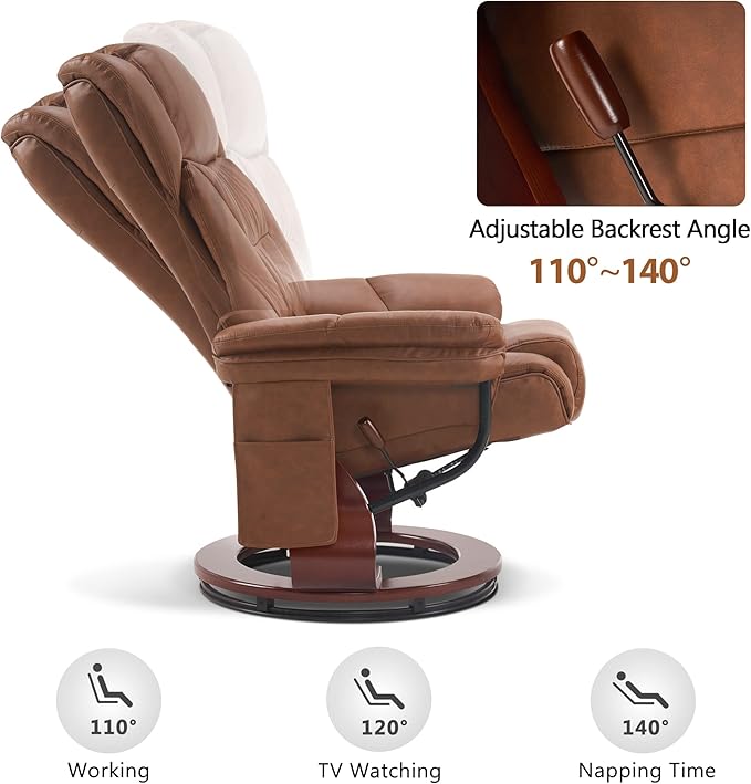MCombo Swivel Recliner with Ottoman Faux Leather TV Chair with Vibration Massage Ideal for Small Space Living Room &amp Bedroom 4734 (Saddle)