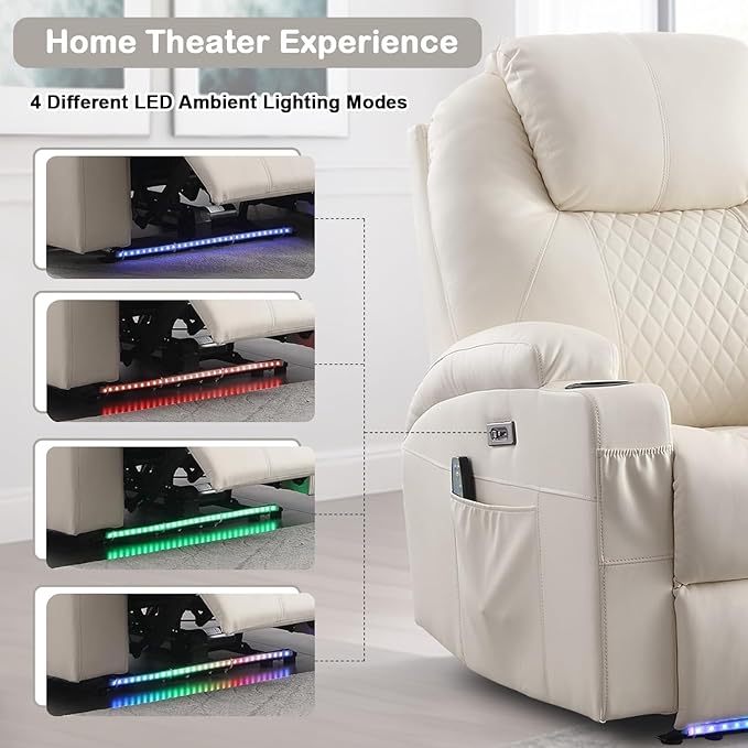 Power Recliner Chair with Heat and Massage for Adults - Home Theater Seating with LED LightsCup HoldersSide PocketUSB Port - Recliner Sofa for Living Room (Beige Set of 2)
