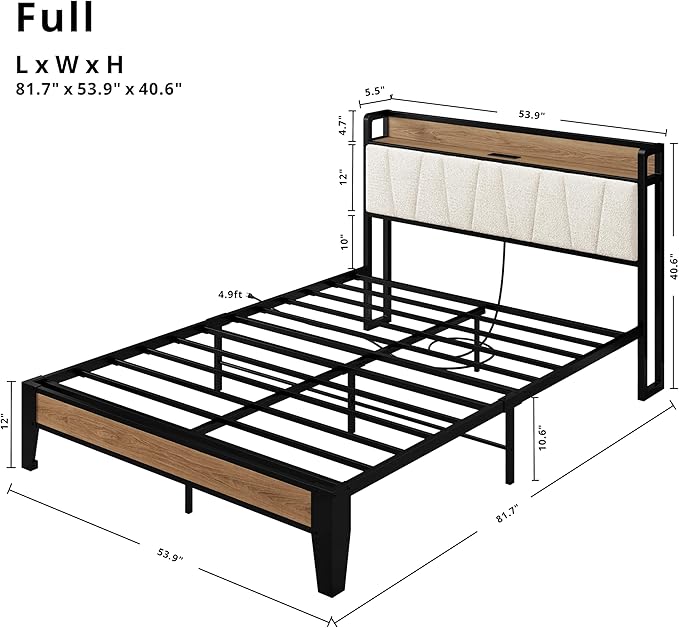 LIKIMIO Full Bed Frames Storage Headboard with Charging Station Solid and Stable Noise Free No Box Spring Needed Easy Assembly Wood and Cream