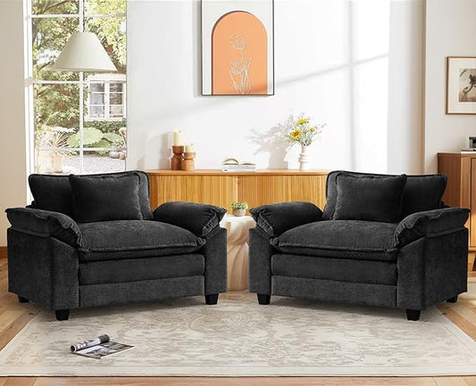CDCASA Oversized Accent Chair Chenille Comfy Cloud Sofa Chair with Large Seat and Upholstered Armrests Modern Extra Wide Armchair Reading Chairs for Bedroom Living RoomSet of 2Black