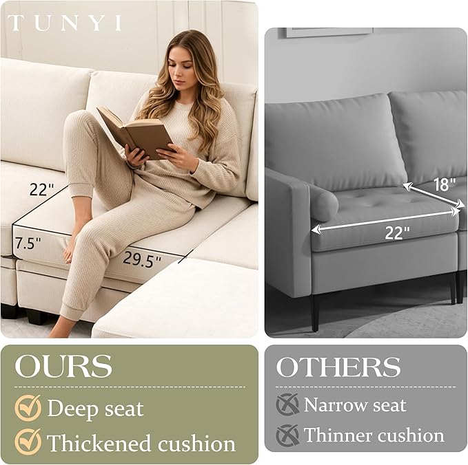 TUNYI 130 Sectional Couch with Storage Oversized Chenille Modular Sectional Sofa for Living Room Convertible Deep Seat Sofa Couches with Ottoman Armrest Pillow (Beige)