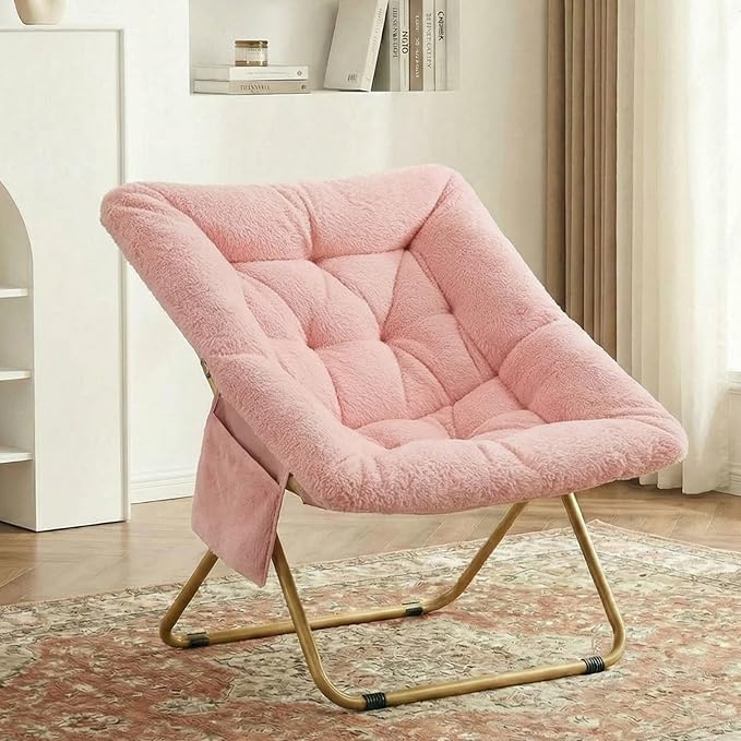 TLSUNNY Comfy Saucer Chair Oversized Foldable Lounge Lazy Chair Soft Faux Fur Reading Chair for Teens Adults Stable Metal Frame Moon Chair for Living Room Bedroom Dorms Office X-Large (Pink)
