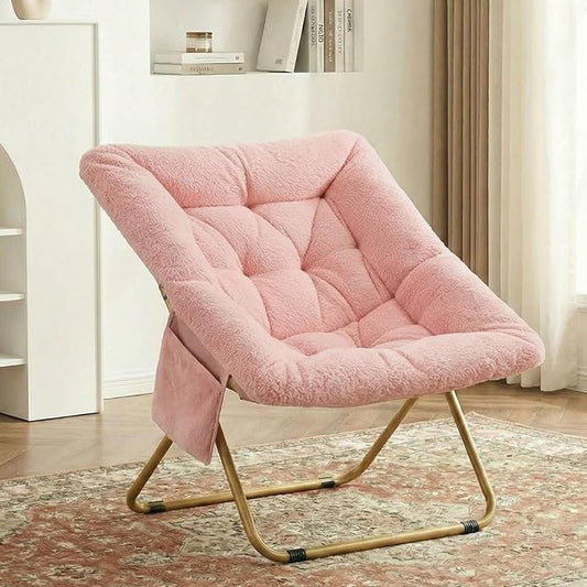 TLSUNNY Comfy Saucer Chair Oversized Foldable Lounge Lazy Chair Soft Faux Fur Reading Chair for Teens Adults Stable Metal Frame Moon Chair for Living Room Bedroom Dorms Office X-Large (Pink)