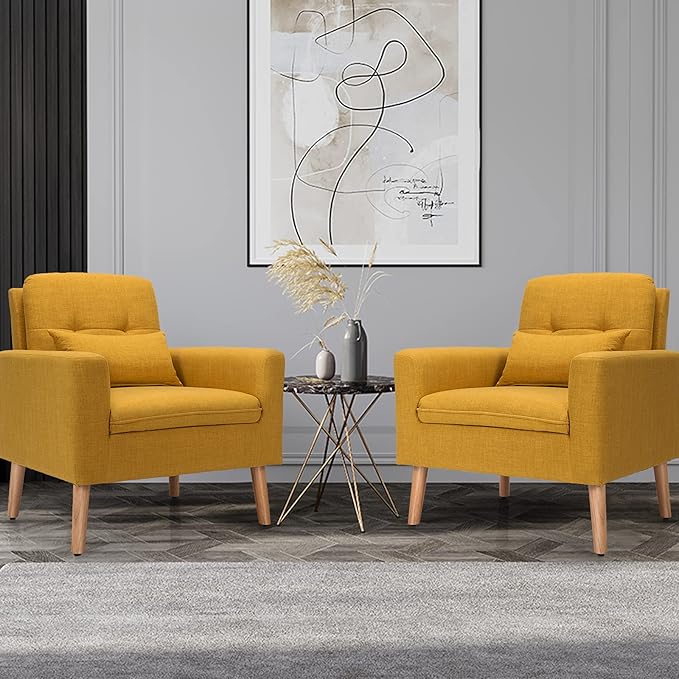 Giantex Modern Accent Chair Set of 2 Upholstered Linen Fabric Single Sofa Armchair with Pillow Max Load 330lbs Mid Century Modern Living Room Chair for Bedroom (Yellow)