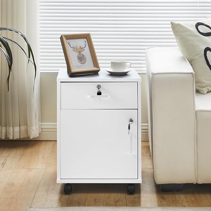 TUKAILAi Mobile File Cabinet with Lockable Drawer &amp Door Under Desk Rolling Filing Cabinet with 4 Wheels Wooden Stationery Storage Cabinet for Home Office (White)