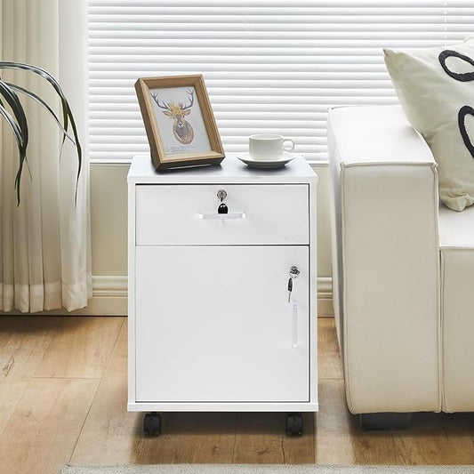 TUKAILAi Mobile File Cabinet with Lockable Drawer &amp Door Under Desk Rolling Filing Cabinet with 4 Wheels Wooden Stationery Storage Cabinet for Home Office (White)