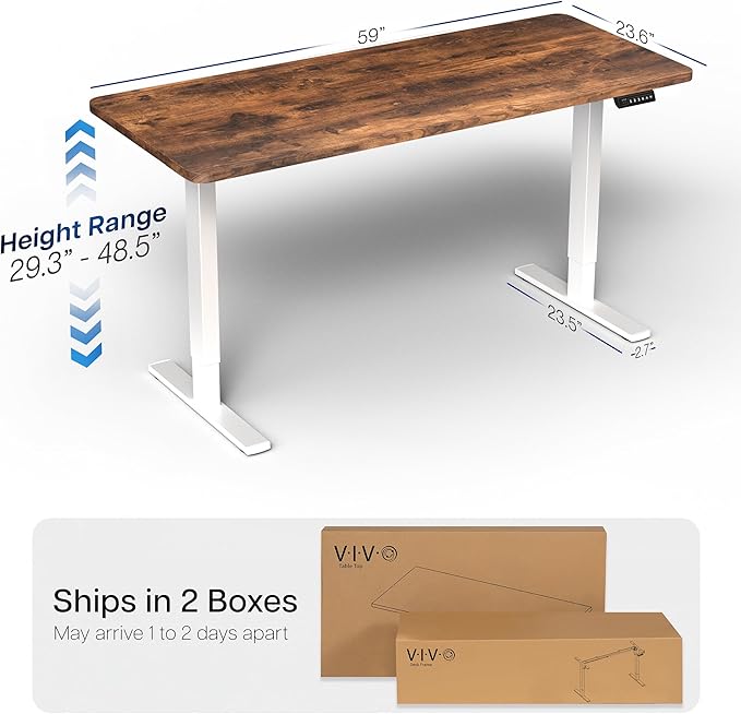 VIVO Electric 60 x 24 in Rustic Standing Desk Memory Height Adjustment 1B Series Holds 220 lbs One-Piece Vintage Brown Top White Frame DESK-KIT-1W6N