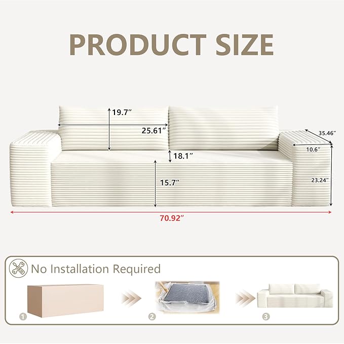 71 Loveseat Sofa Boneless Loveseats for Living Room No Assembly Required Corduroy Love Seat for Small Spaces Bedroom Apartment Office White