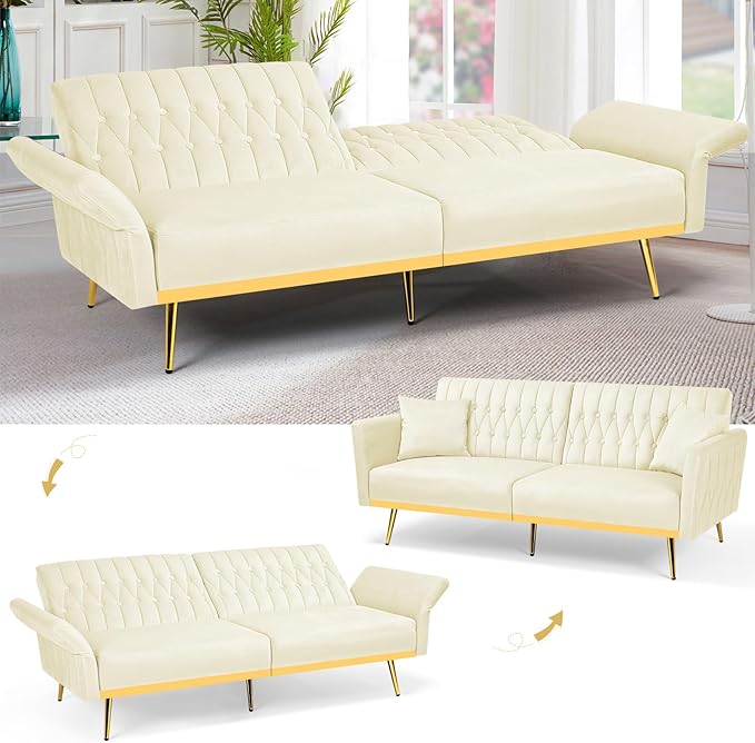 70” Velvet Futon Sofa Bed with 2 Pillows and Adjustable Armrests Convertible Sleeper Bed W/Adjustable Backrests Modern Loveseat for Living Room Bedroom Beige