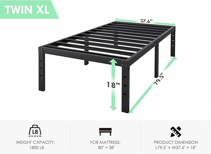 Twin XL Bed Frames - 18 in Sturdy Platform Bed Frame Twin XL Heavy Duty Metal Bed Frame No Box Spring Needed Quick &amp Easy Assembly No Noise Black