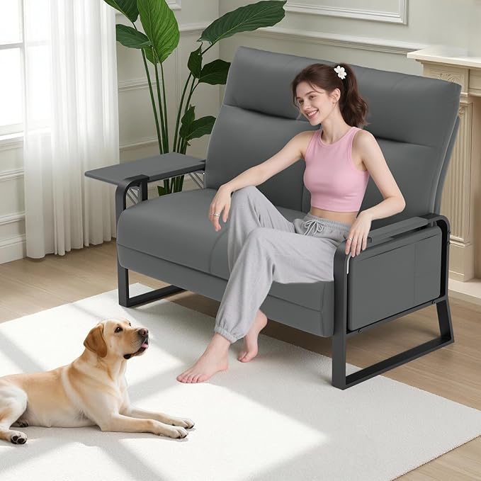 Faux Leather Loveseat Couch for Living Room Bedroom Office Small Sofa 2 Seater Couch with Flip Up Tray Table Side Pockets Leather Loveseats Gray