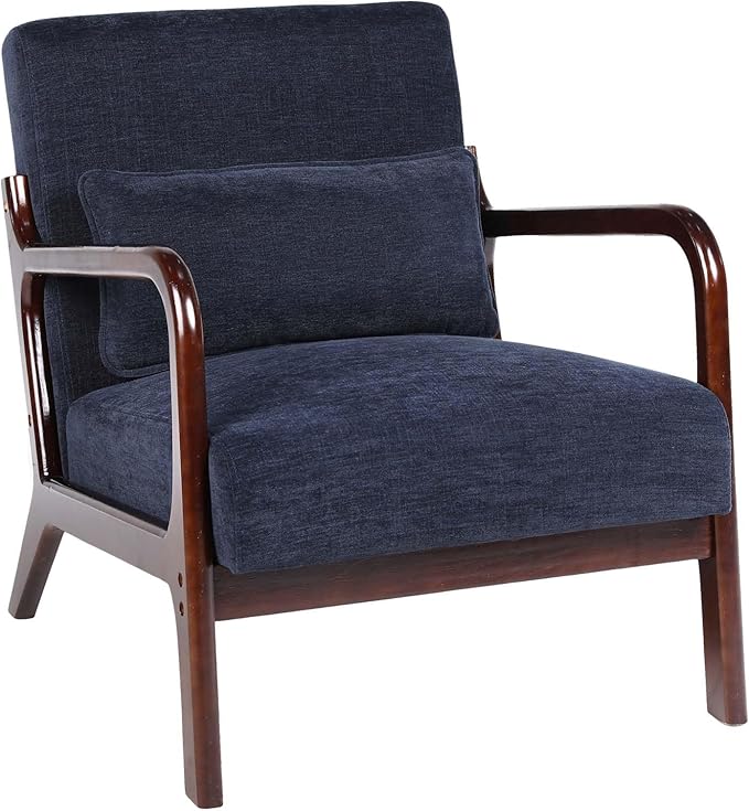 Mid Century Modern Accent Chair with Solid Wood Frame Comfy Reading Lounge Chair with Detachable Lumbar Pillow for Living Room Bedroom Office Vintage Small Wooden Armchair for Waiting Room (Blue)