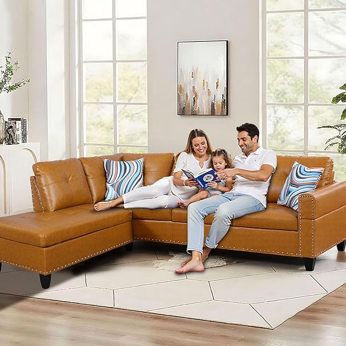 L Shape Sectional Couch with Chaise 97.5 Inch Modular Sofa with Cup Holders Sectional Couches for Living Room Ergonomic Reclined Backrest for Office and Small Apartment Ginger