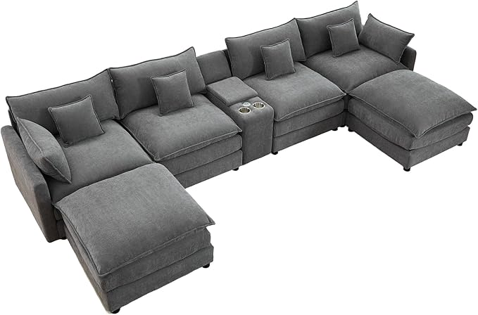 145 Cloud Couch Oversized U Shaped Grey Sectional Couches for Living Room Big Soft Comfy Fluffy Chenille Couch Sectionals Modular Sectional Sofa with Ottoman &amp Central Console