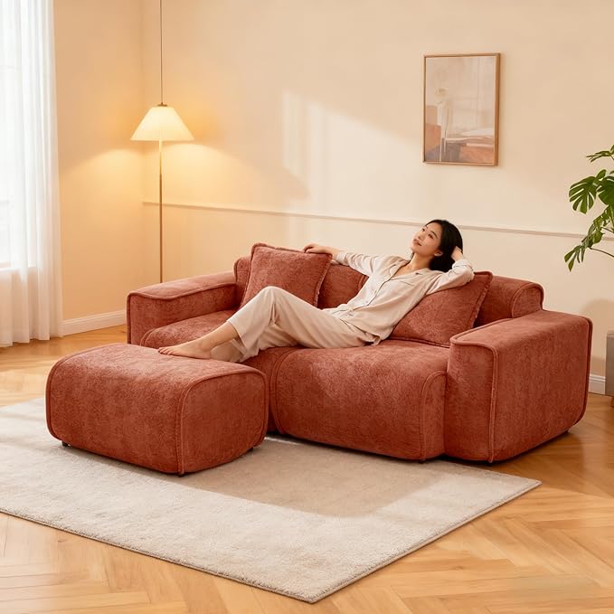 Casaphoria Red Modular Sofa 2 Seater L-Shaped Velvet Sectional with Ottoman &amp Detachable Pillows No Assembly French Piping Design 78.74 Inch Apartment Couch for Small Spaces