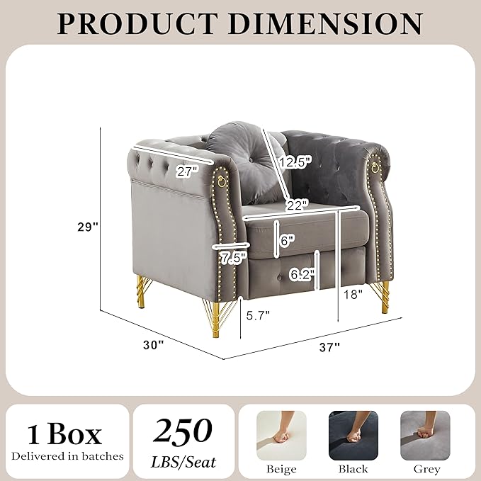 37 Velvet Chesterfield Single Sofa Sets with Two Pillows Featuring Copper Stud Detailing (Grey 37 Single Sofa)