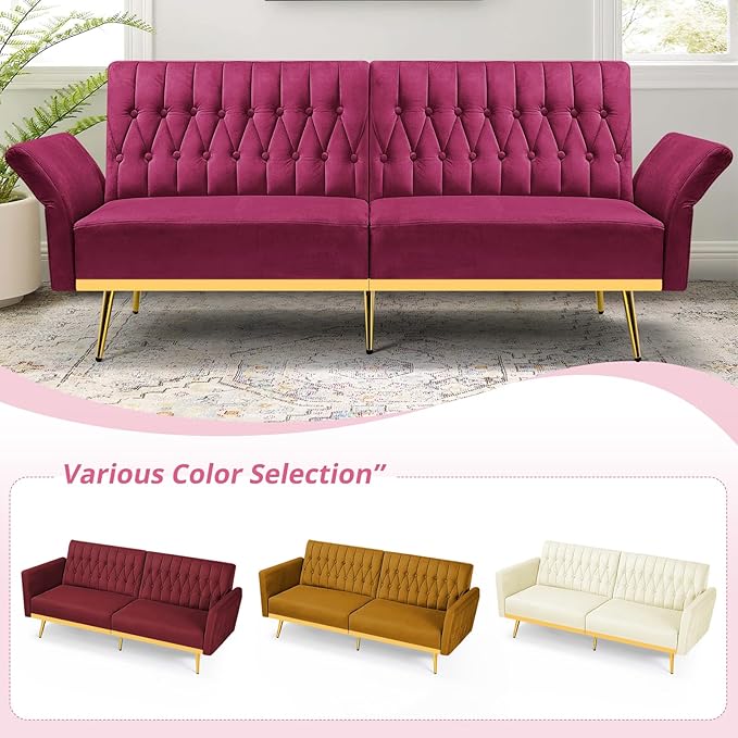 70” Velvet Futon Sofa Bed with 2 Pillows and Adjustable Armrests Convertible Sleeper Bed W/Adjustable Backrests Modern Loveseat for Living Room Bedroom Fuchsia