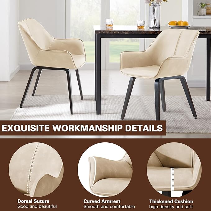 Upholstered Dining Chairs Set of 2 4 &amp 6 - Faux Leather Accent Living &amp Kitchen Dining Chairs - Comfortable Reading/Arm Chairs - Mid Century Modern Style (Beige 2)