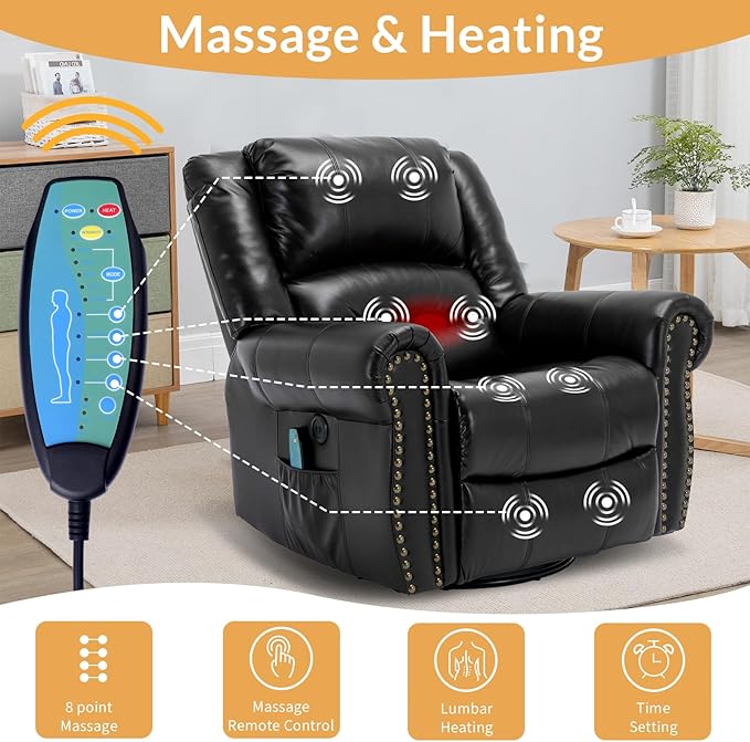 Manual Massage Recliner with Heating Function 360° Swivel Glider Rocking Recliner Chair for Living Room Ergonomic Single Sofa Chair with Remote Control/USB Ports/Side Pockets(Black)