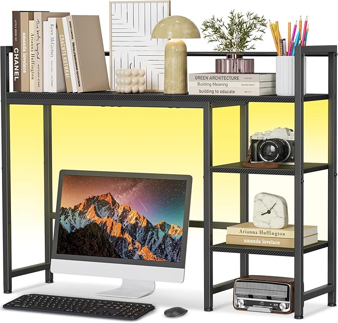 Snughome Desk Shelf with LED Strip 38.6 Desktop Organizer Shelf Desk Hutch for Computer Monitor 4 Tier Desk Display Rack Wood Desktop Bookshelf Storage Rack for Home Office Dorm