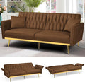 70” Velvet Futon Sofa Bed with 2 Pillows and Adjustable Armrests Convertible Sleeper Bed W/Adjustable Backrests Modern Loveseat for Living Room Bedroom Brown