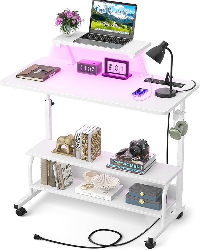 Height Adjustable Standing Desk with Power Outlets and LED Lights - 32 Manual Stand Up Desk with Monitor Stand and Storage Shelves Small Mobile Rolling Computer Desk Portable Laptop Table White