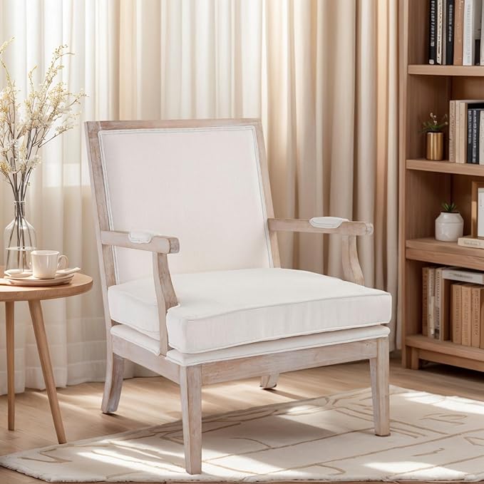 Modern Farmhouse Accent Chairs Set of 2 Wide Upholstered Living Room Chairs with Armrest Pads Coastal French Country Wooden Armchairs for Bedroom Guest Room Beige Linen Fabric