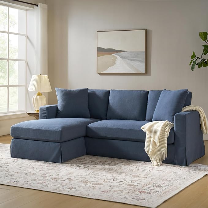 HULALA HOME 85 Slipcovered Sofa with Removable &amp Washable Cover 3-Seater Farmhouse Chaise Sofa with Down-Filled Cushions Comfy Upholstered Couch for Living Room Bedroom Navy