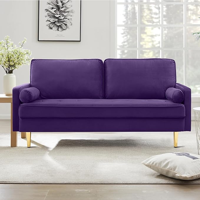 67in Modern Velvet Loveseat Sofa Couch Mid-Century Tufted Upholstered Small Love Seat Couch with 2 Pillows &amp 4 Golden Legs 2-Seats Couches for Compact Space Living Room Apartment (Purple)