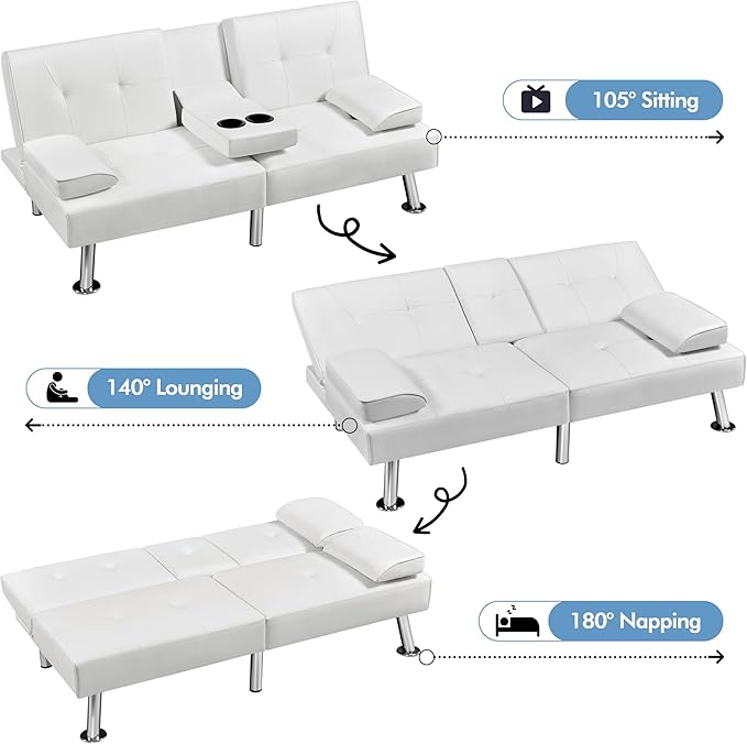 Yaheetech Convertible Sofa Bed Adjustable Couch Sleeper Modern Faux Leather Home Recliner Reversible Loveseat Folding Daybed Guest Bed Removable Armrests Cup Holders 3 Angles 772lb Capacity White