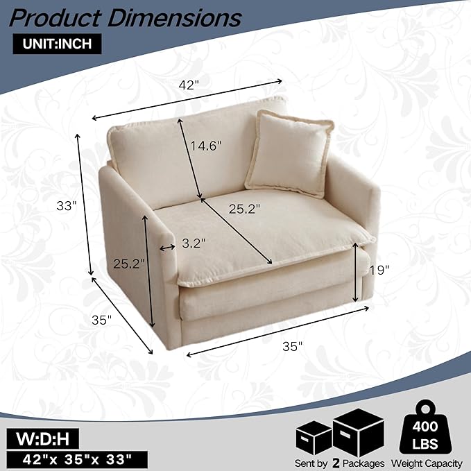 GNIXUU Chenille Single Sofa Chair 41.4 Modern Upholstered Oversized Reading Armchairs with Toss Pillow Deep Seat Comfy Accent Chairs for Bedroom Living Room Apartment Office Beige